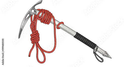 Ice Axe With Red Rope For Climbing And Mountaineering.