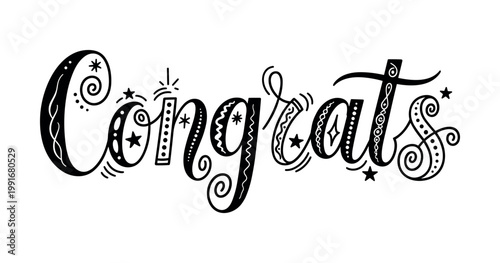 Creative black and white congrats typography with whimsical patterns