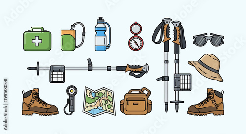 Hiking gear and accessories collection.