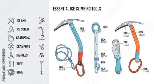 Ice climbing tools and equipment set.