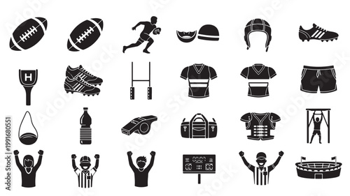 Rugby and American football icon set, 24 black silhouette sports equipment vectors, professional athlete gear and stadium symbols for competition branding