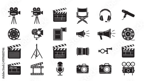 Cinema and movie production icons set, 24 black film industry vector symbols, professional filmmaking equipment silhouettes for video editing and media design