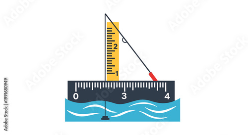 Illustration of a fishing rod measuring water depth with a ruler.