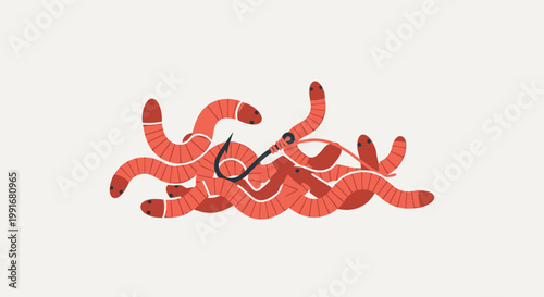 Illustration of a Group of Red Worms on a Fishing Hook.