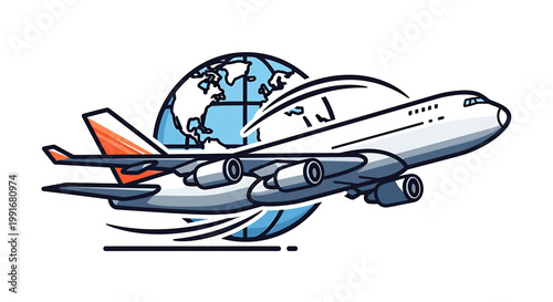 Illustration of a Modern Airplane Flying Around the World, Travel Concept.