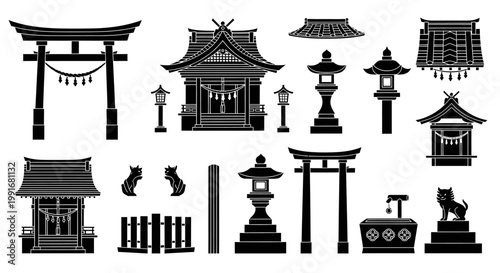 Japanese Torii Gate and Temple Icons.