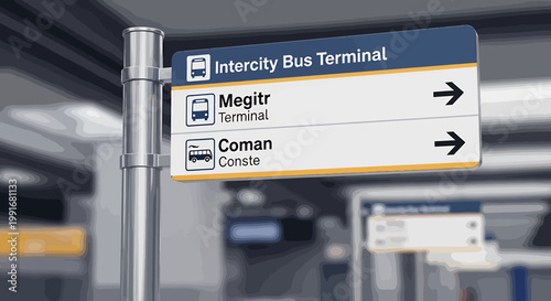 Intercity bus terminal directional sign post.
