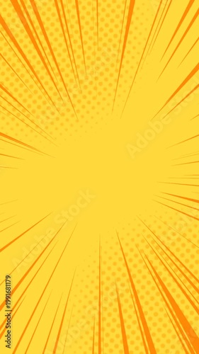 Orange and yellow cartoon comic speed radial lines vertical abstract background with halftone circle dots texture