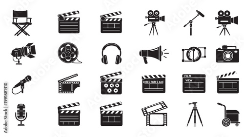 Cinema and filmmaking icon set, professional movie production equipment vectors, black film industry symbols for video editing and cinematography