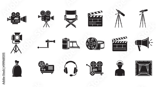 Cinema and filmmaking equipment icons set, 18 black movie production vector symbols, professional film studio gear and cinematography elements
