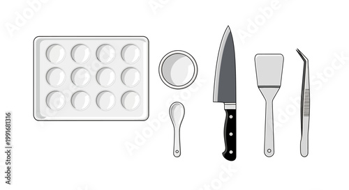 Kitchen utensils and baking tools.