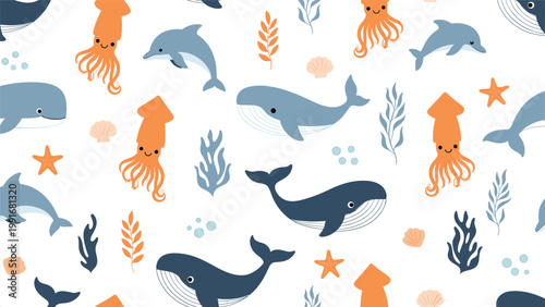Cheerful sea life pattern shows happy blue dolphins, dark whales, and orange squids swimming through white water with starfish and shells.