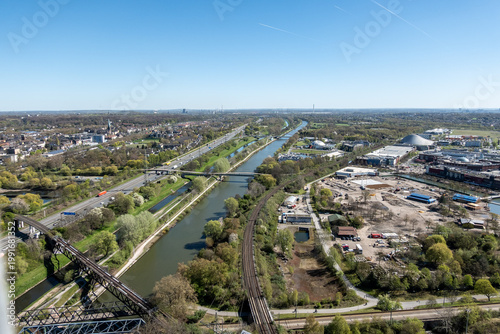 Panorama vom Gasometer über Kanal und Oberhausener Stadtgebiet, Oberhausen, Nordrhein-Westfalen, Deutschland