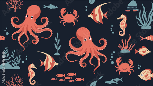 Vibrant underwater pattern features red octopuses, crabs, seahorses, and fish swimming among green sea plants on a dark blue background.