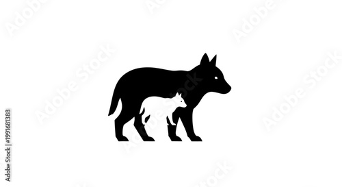 A silhouette of a mother wolf and her cub walking together in a minimalist design