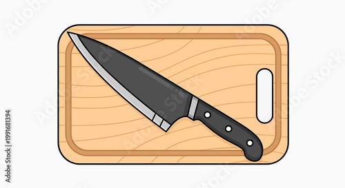 Knife on cutting board closeup.