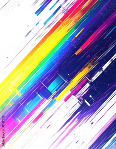 A vibrant abstract composition features dynamic, intersecting lines and blocks of intense color, creating a visually striking and energetic digital artwork.