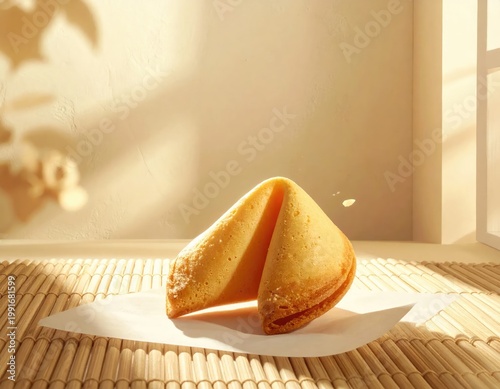 A golden fortune cookie rests on a textured mat, bathed in soft light and casting intriguing shadows against a neutral wall, evoking a sense of mystery and anticipation.