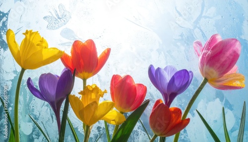 A vibrant display of colorful tulips and crocuses blooms against a frosted windowpane, creating a cheerful and springtime atmosphere.