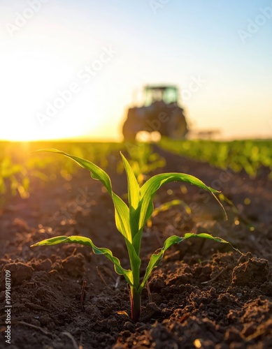 A young corn plant emerges from the dark soil, backlit by a setting sun and a distant tractor.