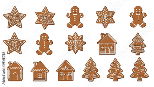 Assorted collection of traditional gingerbread cookies in various festive shapes including stars people houses and trees.