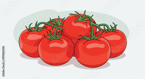 Bunch of ripe, red, cartoon-style tomatoes with green stems