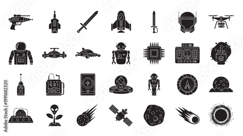 Sci-fi space icons set, 28 black silhouette vector elements, futuristic technology and astronomy symbols, galactic exploration graphics for gaming