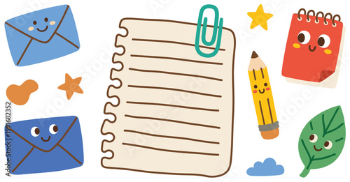Adorable stationery items and office supplies vector illustration for communication.