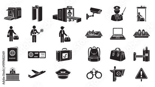 Airport security icons set, 24 black silhouette travel safety symbols, customs and border control vector elements, aviation checkpoint graphics