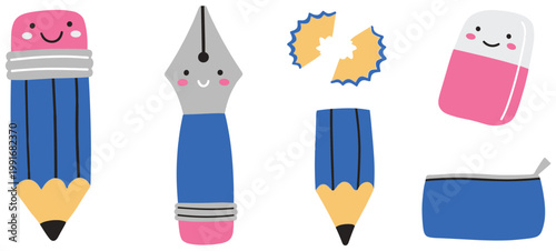 Cheerful school and office supplies vector illustration in flat cartoon style for education.
