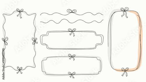 Set of delicate hand drawn decorative frames with elegant outlines and pretty ribbon bows for labels and stationery.