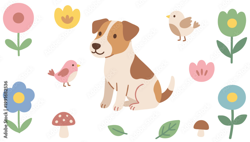 Fototapeta premium Cute Jack Russell puppy with colorful spring flowers, birds, and mushrooms, flat vector illustration.