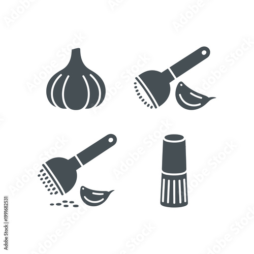 Fresh Garlic Bulbs and Traditional Mortar Pestle Spice Grinding
