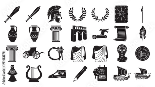 Ancient Greek and Roman history icons set, 28 black silhouette vector elements of classical antiquity, mythology and gladiator equipment