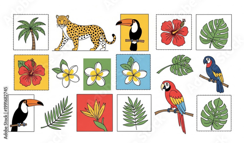 Hand drawn tropical mosaic vector with jungle animals leaves and trendy postage stamp pattern elements