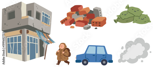 Destroyed city elements vector illustration set with a sad person and rubble, symbolizing urban decay.