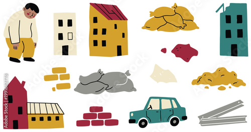 Sad man amidst urban destruction, flat design vector illustration set for disaster and social issues.