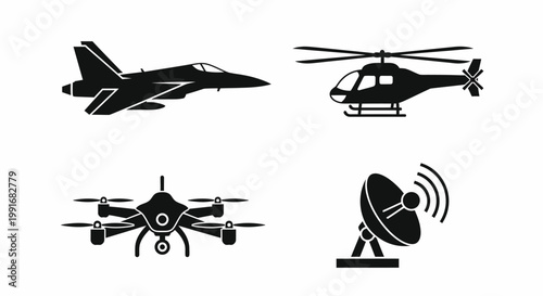 Military Aircraft Drone Satellite Dish Icon Set - Fighter Jet Helicopter Drone Satellite Black Silhouette Vector
