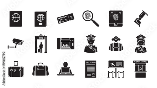 Airport security and passport control icon set, 18 black solid vector symbols, customs and immigration border check elements for travel infographics