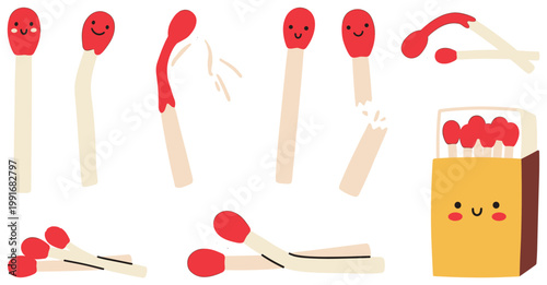 Cute matchstick characters vector illustration set, expressing various emotions, isolated on a white background.