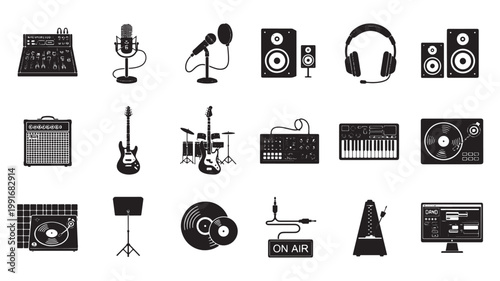 Professional music studio equipment icons, 18 black silhouette vector elements, recording gear and musical instruments for audio production