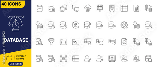Database icons collection - featuring data storage, cloud, security, and management symbols for IT professionals and developers