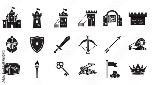 Medieval castle and knight icons set, 18 black silhouette fantasy kingdom elements, historical fortress and ancient weapon vector collection