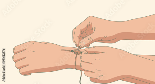 Close up of person tying a thread bracelet on a wrist.