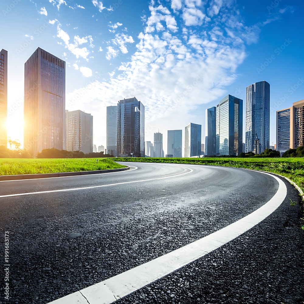 Fototapeta premium A curved road with white lines leads to a city skyline