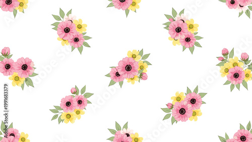 Delicate seamless pattern of small pink and yellow flower bouquets with green leaves for a charming and feminine look.