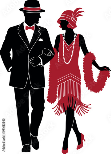 Vintage 1920s Great Gatsby Couple Silhouette: Elegant Man in Tuxedo and Woman in Flapper Dress with Red Accents, Roaring Twenties Retro Party Invitation Vector, Art Deco Fashion