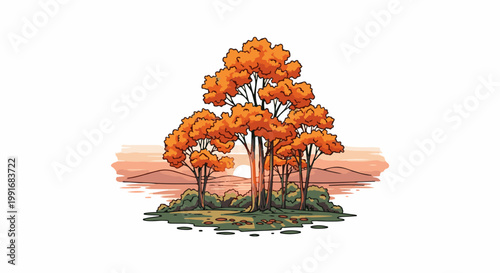 Autumnal grove of trees with orange foliage near a tranquil body of water