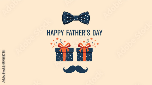 Festive fathers day graphic featuring a polka dot bow tie two gift boxes a mustache and stars on a beige background.