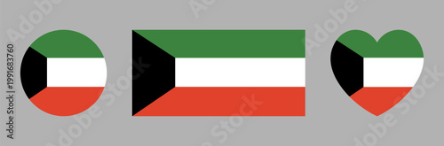Kuwait flag icon, sticker. Kuwait circle, rectangle, heart flag button, badge. Set of heart shaped, round, rectangular flag of Kuwait banner, background.